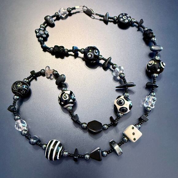 Handmade Jewelry - Hand Blown Lampwork Black White Art Glass Beaded Necklace